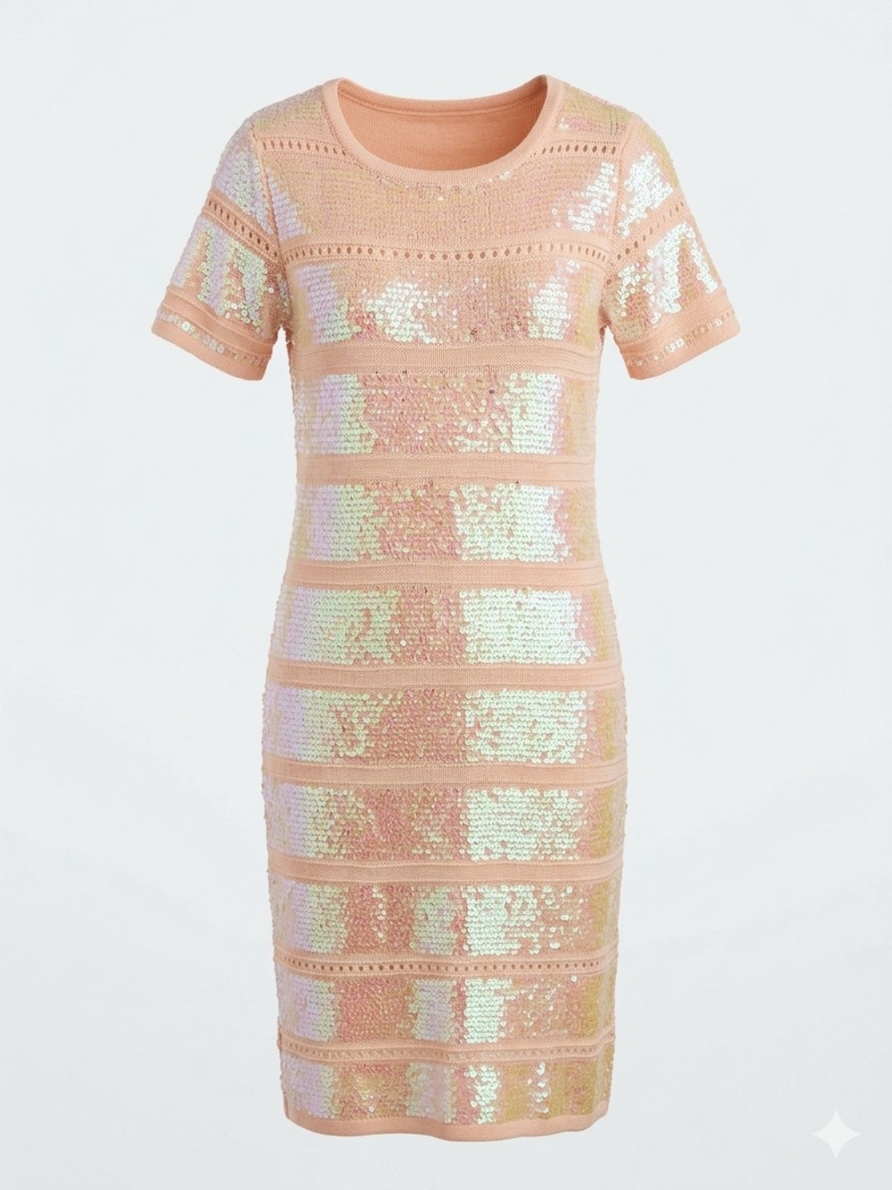 Catherine Malandrino Iridescent Peach Sequin Knit Short-Sleeve Dress, size S